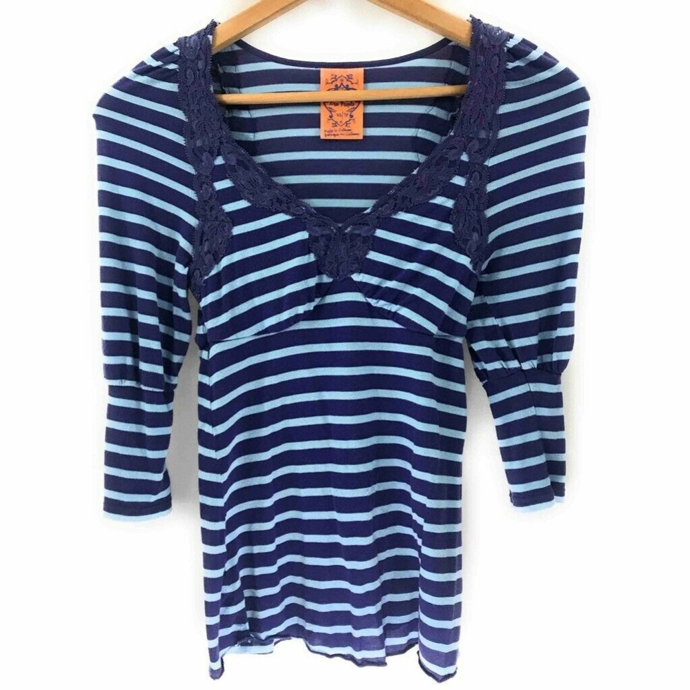 Free People Womens Blouse Blue Stripes 3/4 Sleeve